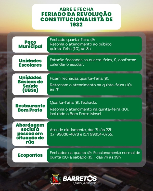 Imagem JPG, Prefeitura informa alterações no funcionamento de serviços no feriado de 9 julho